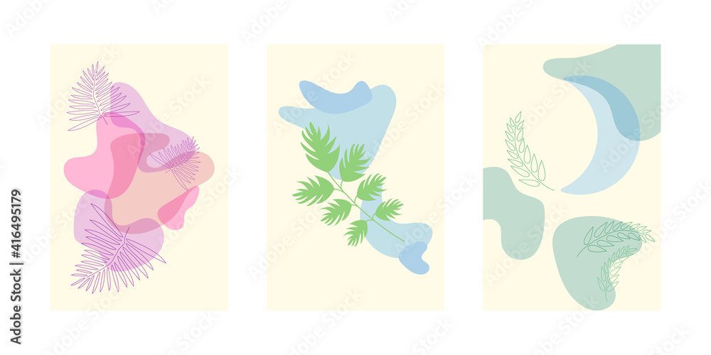 Set of abstract posters with simple shapes and floral elements, branches with leaves. Minimalist yellow interior wall posters. Simple collection - three minimalist banners. Colors - blue, green, pink. Set of abstract posters with simple shapes and floral elements, branches with leaves. Minimalist yellow interior wall posters. Simple collection - three minimalist banners. Colors - blue, green, pink.