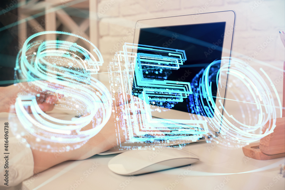 Double exposure of woman hands working on computer and seo hologram drawing. internet search concept. Double exposure of woman hands working on computer and seo hologram drawing. internet search concept.