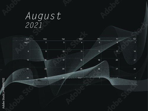 August calendar 2021. Abstract design background. Business calendar design ideas. Office calendar. Gray background calendar with simple white lines and curves. Abstract waves background. Agenda