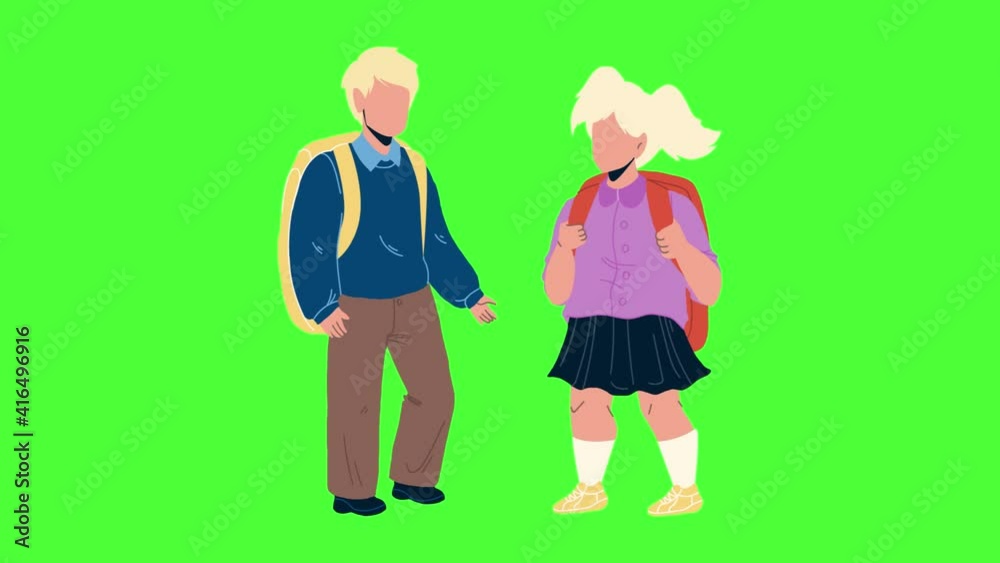 Pupils Kids With Backpack Staying Together Animation