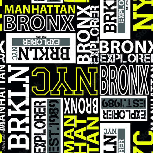 Seamless abstract pattern in new york style. Manhattan, Brooklyn, Bronx. Grunge geometric pattern for girls, boys, fashion textile, sport clothes. Urban modern design