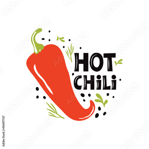 Red Hot Chili logo designs. Quote with spicy pepper and graphic elements on white background. Concept of organic vegetables. Healthy food diet, farm products. Trendy design for poster, banner, print.