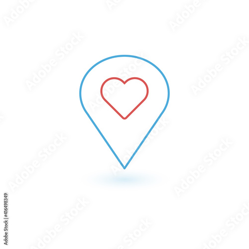 Pointer pin up icon with heart, outline web design element, favorite location concept, Stock Vector illustration isolated on white background.