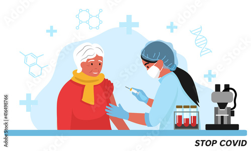 The concept of vaccination. elderly woman is given a vaccine injection. vaccinations to protect against the disease. Medical treatment and healthcare. covid-19, coronavirus. Vector flat illustration