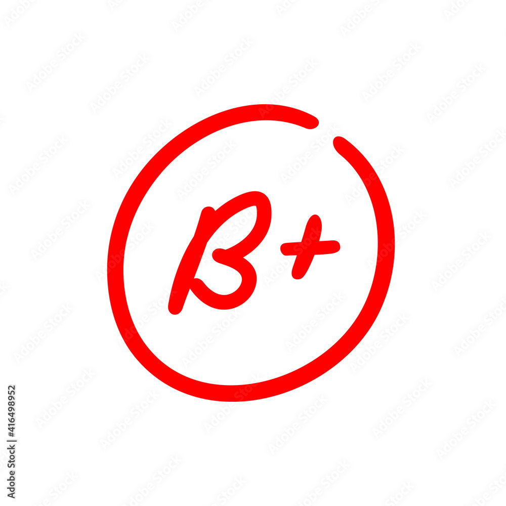 B+ test score, grading system in education, Letter B plus, hand drawn illustration B+ test score, grading system in education, Letter B plus, hand drawn illustration