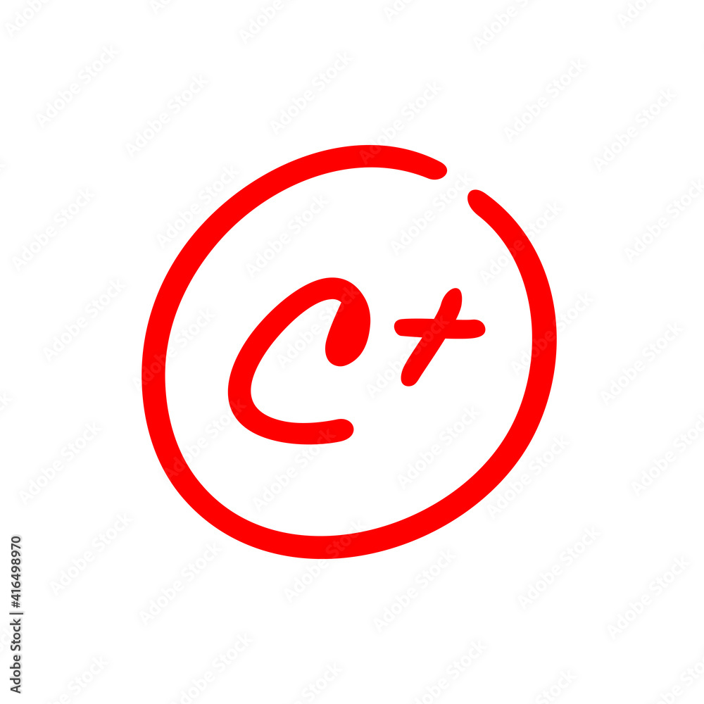 C+ letter grade, C plus illustration, red color test score C+ letter grade, C plus illustration, red color test score