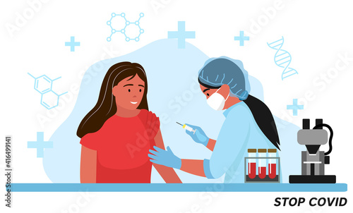 The concept of vaccination. woman is given a vaccine injection. vaccinations to protect against the disease. Medical treatment and healthcare. covid-19, coronavirus. Vector flat illustration