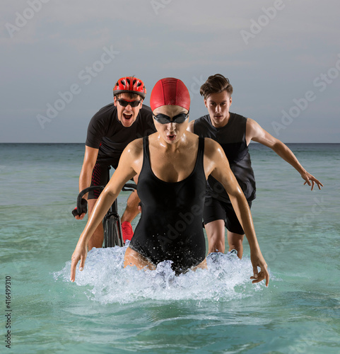Triathlon sport collage. Man, woman running, swimming, biking