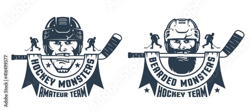 Hockey logo with player head and stick. Hockey team mascot. Vector illustration.