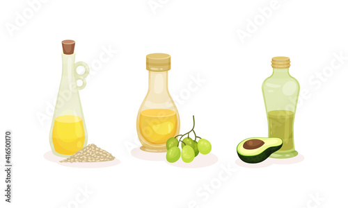 Organic Herbal Oil Poured in Glass Corked Jars Vector Set