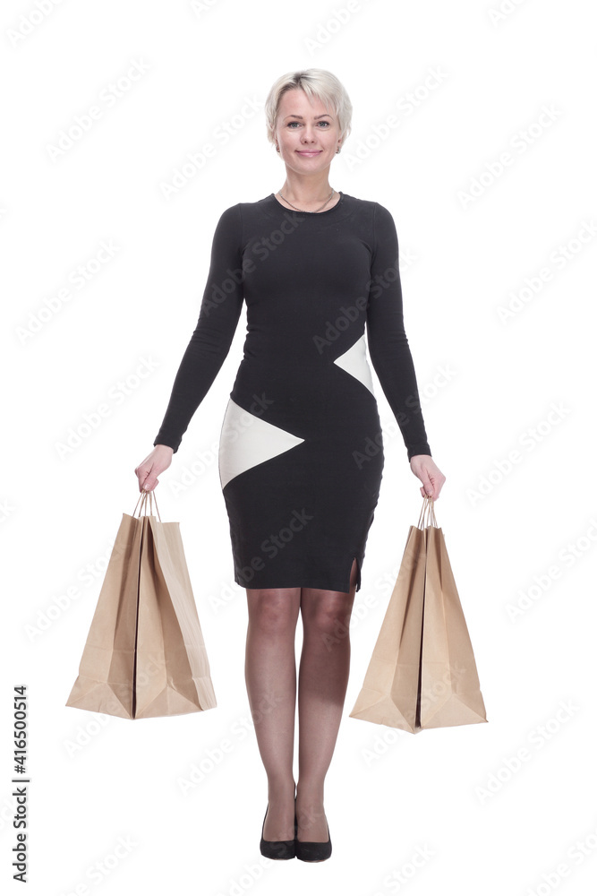 happy elegant woman with shopping bags. isolated on a white background.