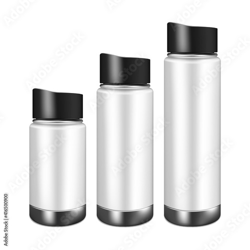 Thermal water bottle. Thermos flask. Travel thermo mug. Small, medium, large. Vector mock-up set