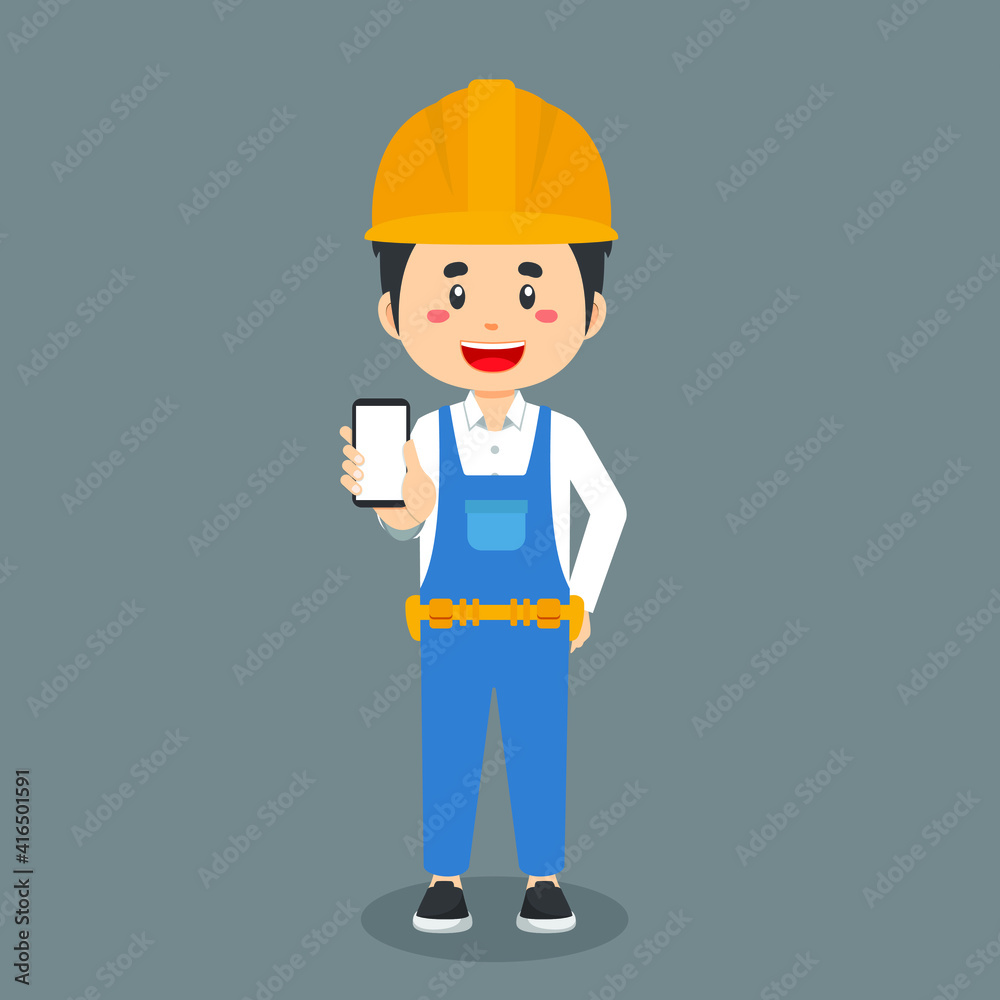 Construction Workers Character Hold The Phone Construction Workers Character Hold The Phone
