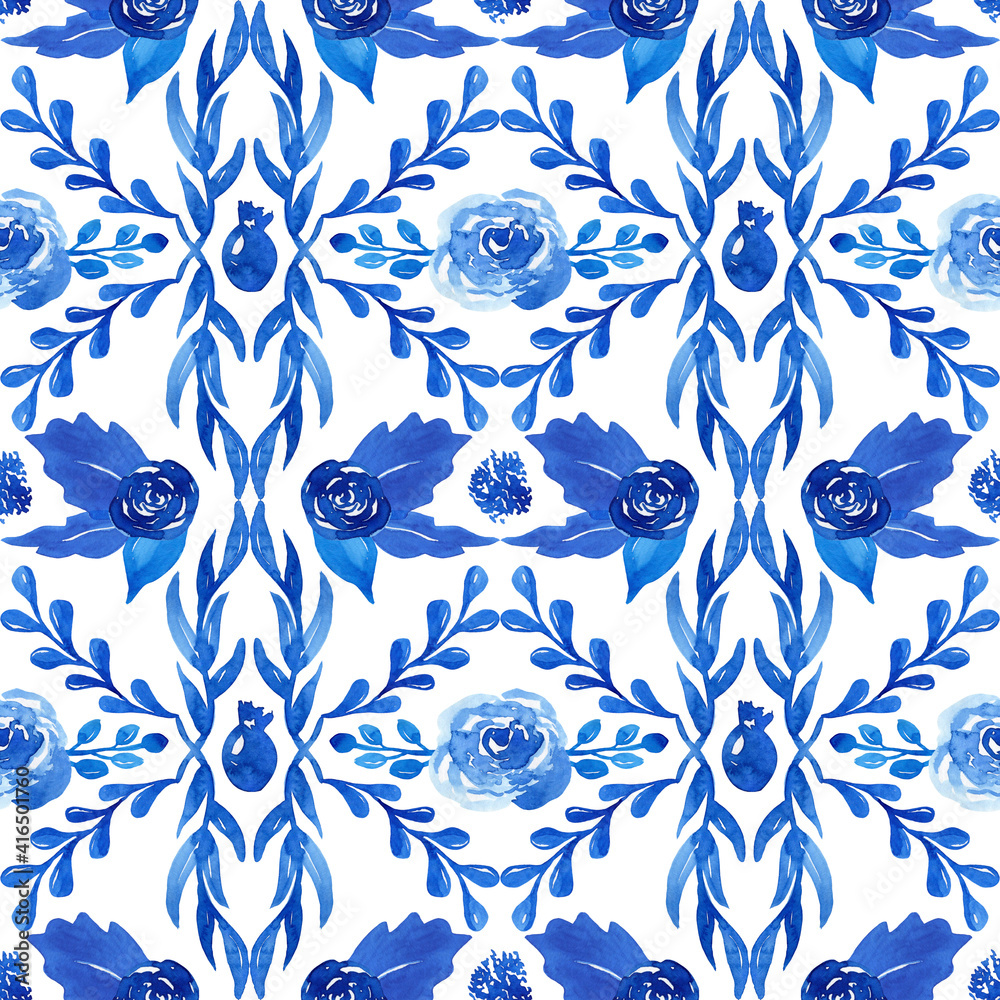 Fototapeta premium Watercolor seamless blue pattern. Floral background