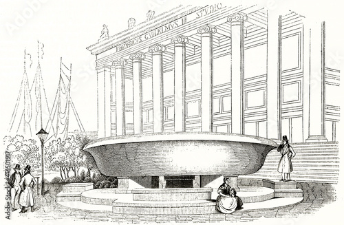 Big tub in front of Altes museum facade, Berlin. Ancient grey tone etching style art by Levilly, Andrew, Best and Leloir, Magasin Pittoresque, 1838 photo