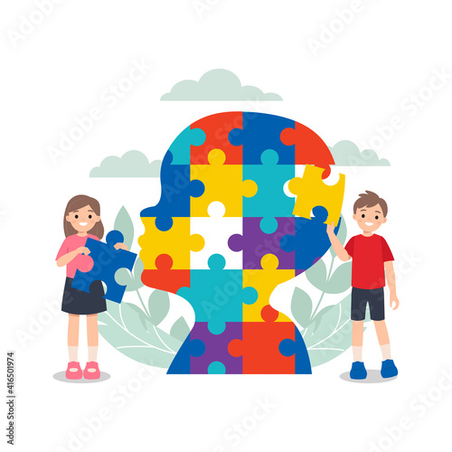 Children playing with colorful head shaped jigsaw puzzle.  World autism awareness day. Flat vector cartoon vector