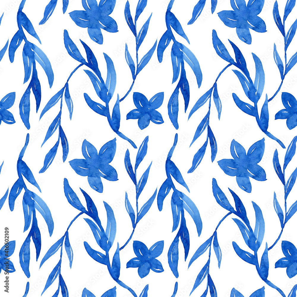 Watercolor seamless pattern with blue simple flowers and leaves. Watercolor seamless pattern with blue simple flowers and leaves.