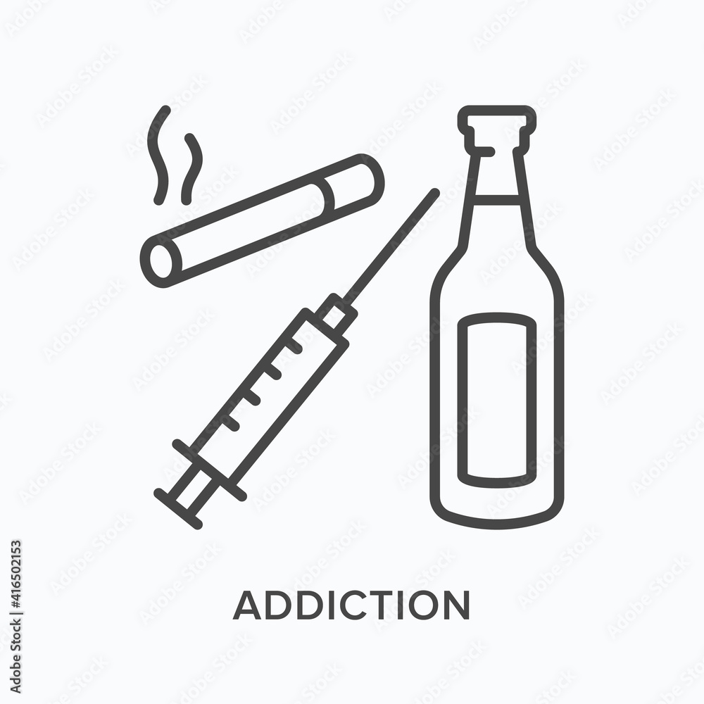Addiction flat line icon. Vector outline illustration of cigarette, syringe and bottle. Black thin linear pictogram for human dependency Addiction flat line icon. Vector outline illustration of cigarette, syringe and bottle. Black thin linear pictogram for human dependency