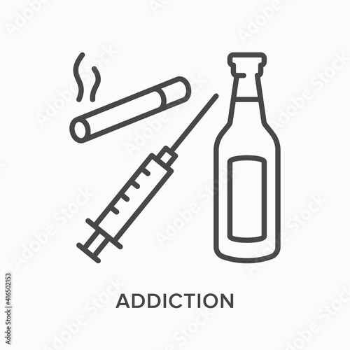 Addiction flat line icon. Vector outline illustration of cigarette, syringe and bottle. Black thin linear pictogram for human dependency