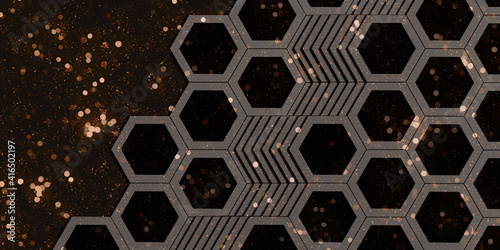 Hexagon nest Hexagon frame glitter bokeh effect geometric abstract bokeh Hexagonal steel material Technology frame background 3d illustration
