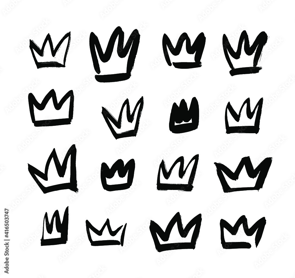 Obraz premium Vector art illustration grunge crown. Set of hand drawn paint object for design. Black and white Graffiti background. Abstract brush drawing