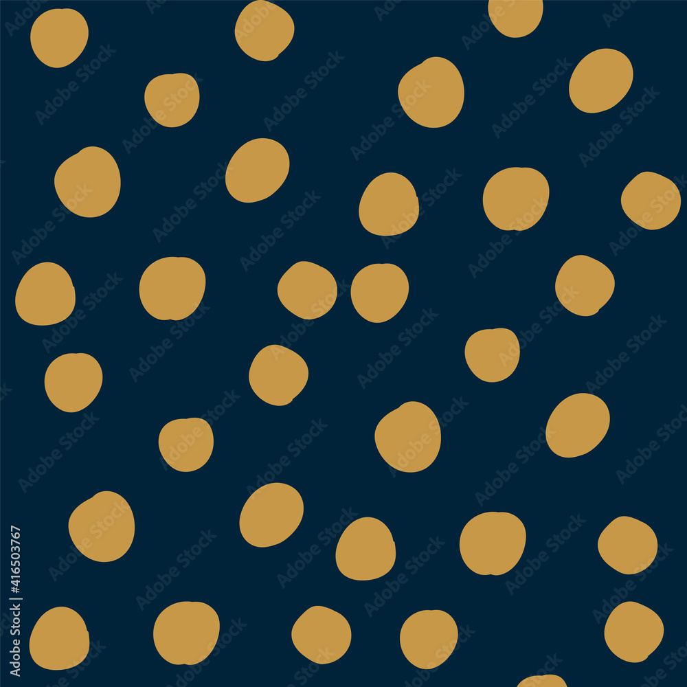 Dark background with large gold dots. A pattern for fashionable children's textiles and clothing. The pattern hand-drawn ones. Yellow-gold dot in the style of doodles. Vector illustration