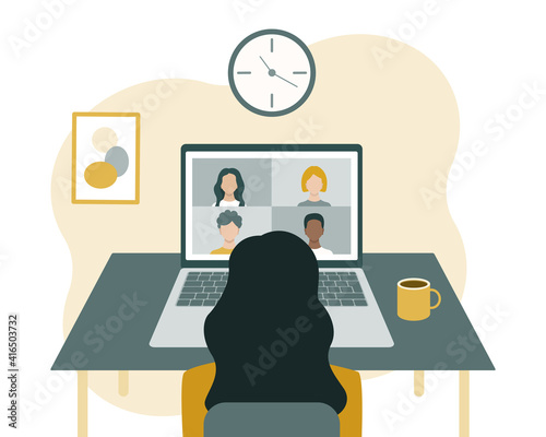 Online conference, communication and training. A woman sits in front of a laptop and looks at the screen. Vector illustration in a flat style isolated on a white background