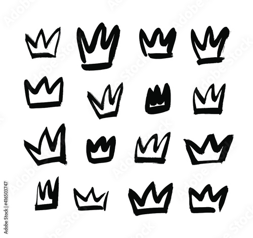 Vector art illustration grunge crown. Set of hand drawn paint object for design. Black and white Graffiti background. Abstract brush drawing