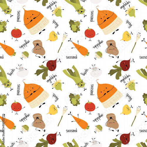 Seamless pattern of vegetable characters: onion, carrot, tomato, broccoli, garlic, potato, pumpkin, celery, beet, spenat, mushroom champignon, peas. Vector illustration isolated on white background.