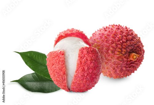 Fresh ripe lychee fruits on white background