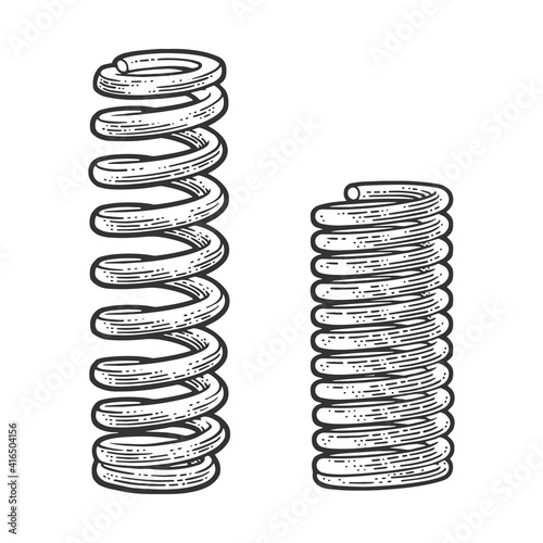 compressed and open spring sketch engraving vector illustration. T-shirt apparel print design. Scratch board imitation. Black and white hand drawn image.