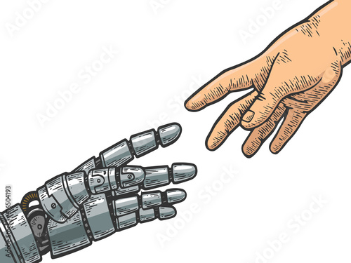 Mechanical robot hand and human reach each other color sketch engraving vector illustration. Scratch board style imitation. Black and white hand drawn image.