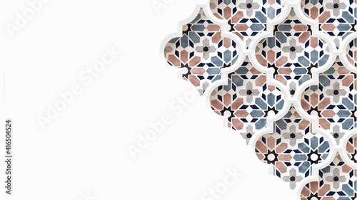 Moving blue, brown arabic pattern with geometric stars. Arabesque through white silhouette of ornamnetal sheep. White background. Ramadan, Eid ul Adha graphic animation, loopable Islamic design.