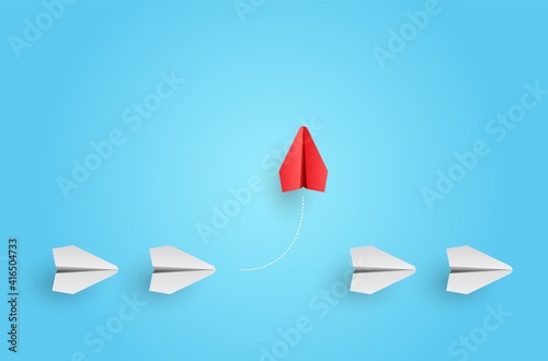 Individuality concept. Individual and unique leader red paper plane flies to the side. Vector illustration