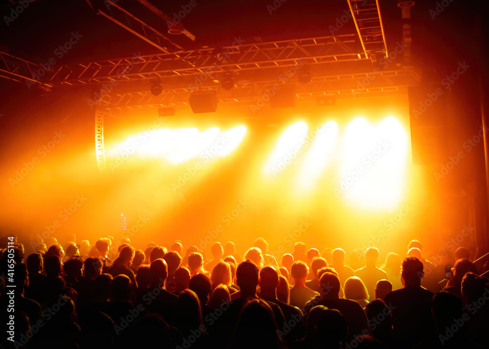 Crowd shot during a concert with stage lights and thick smoke