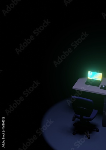 暗い部屋にオフィスデスクとオフィスチェアとノートパソコン　3dcg