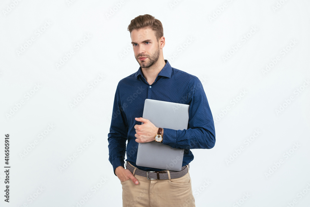handsome man businessman hold computer isolated on white, manager handsome man businessman hold computer isolated on white, manager