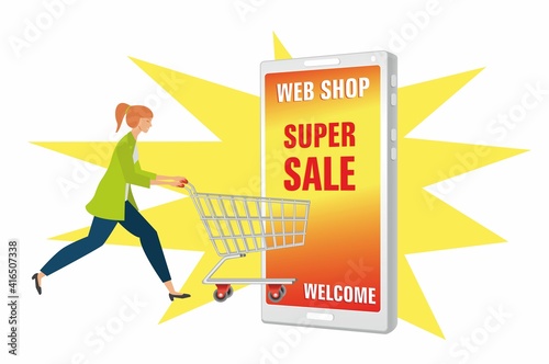 Woman with shopping cart, trolly running to web shop on mobile phone with supersale marketing. Vector illustration. EPS10.