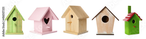 Obraz na plátne Set with different beautiful bird houses on white background, banner design