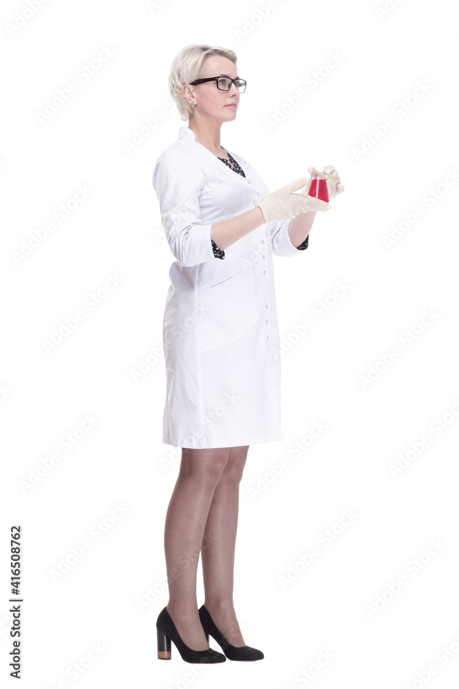 female scientist looking at liquid in a lab flask . isolated on a white background. female scientist looking at liquid in a lab flask . isolated on a white background.