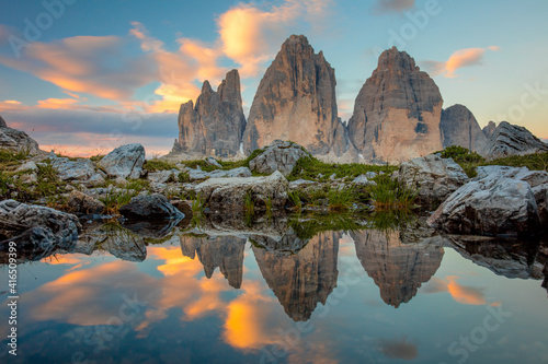 Tre Cime di Lavaredo at early morning sunrise, Dolomites, Italy, Europe