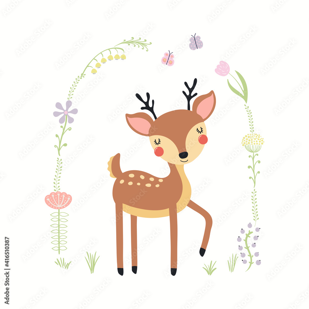 Cute funny deer in floral frame, isolated on white. Hand drawn wild ...