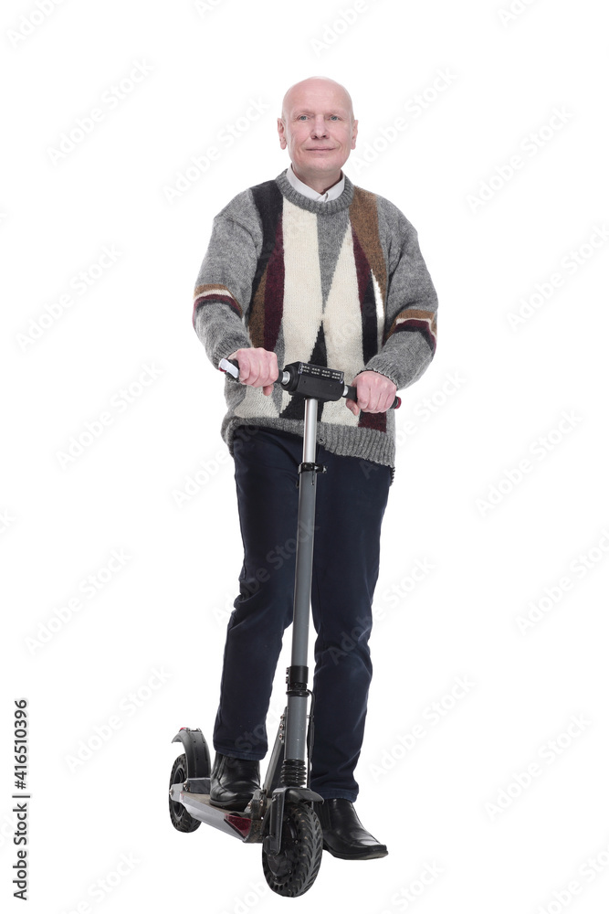 Mature man with an electric scooter. isolated on a white background. Mature man with an electric scooter. isolated on a white background.