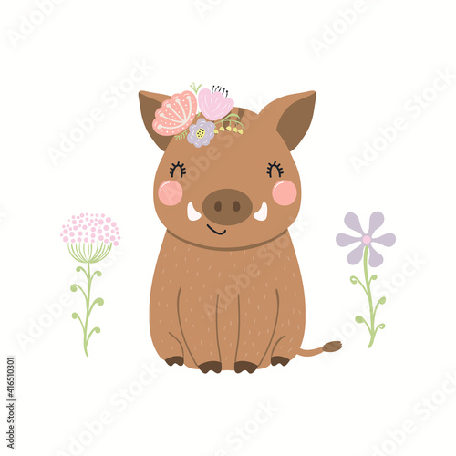 Cute funny wild boar  field flowers  isolated on white. Hand drawn wild animal vector illustration. Scandinavian style woodland. Flat design. Concept for kids fashion  textile print  poster  card