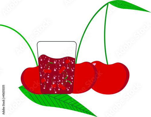 vector glass cup with cherry juice. flat image of cherries near a glass of juice
