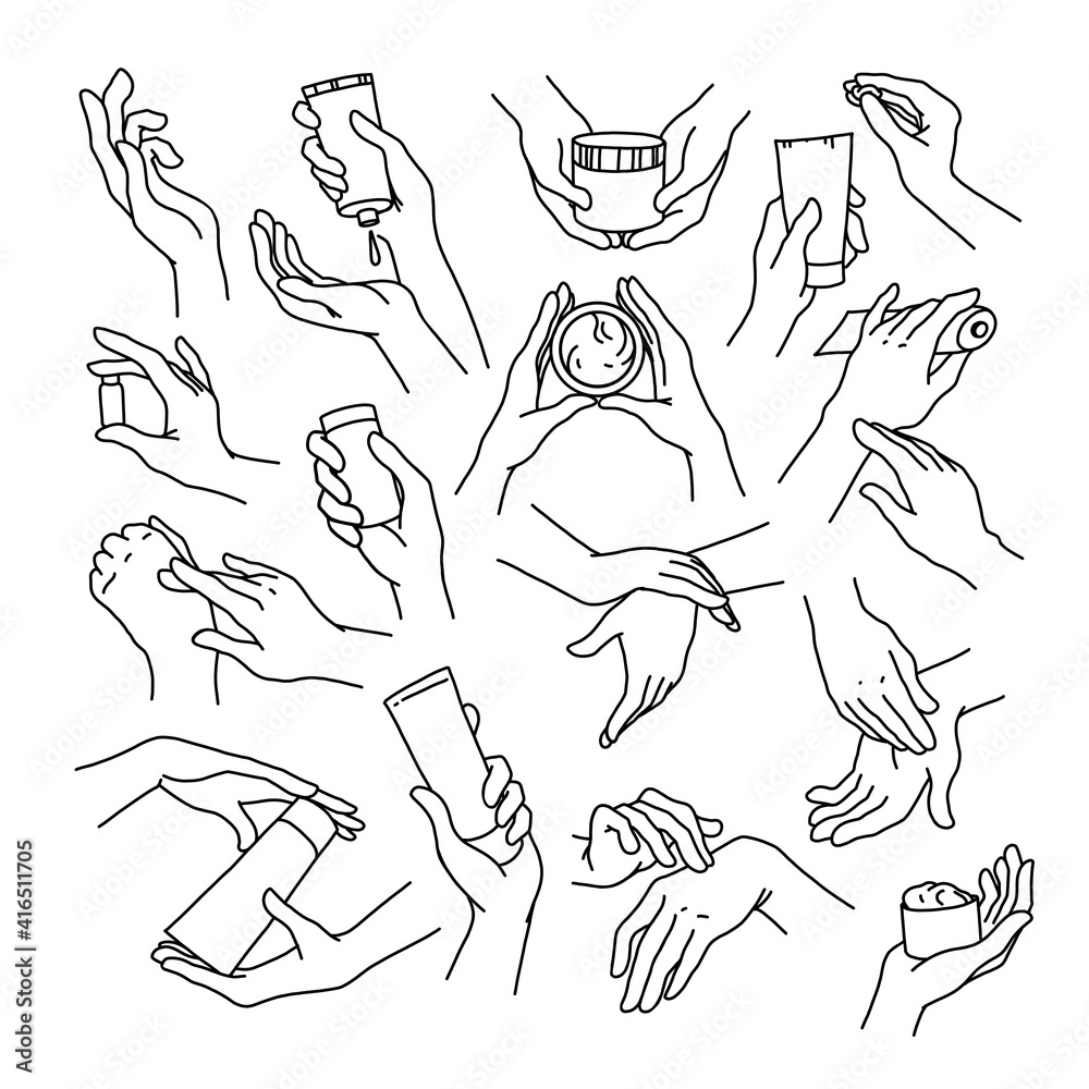 Collection of human hands with hand cream, moistuzier tube and can in different gestures and posses isolated on white background. Vector hand drawn line art illustration. For banners, ad, emblem, tag