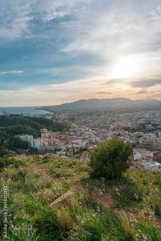 Beautiful sunset views of the city of Malaga from a viewpoint on a hill with grass and plants, overlooking the city, the sea, the mountains and the cloudy sky in the background.