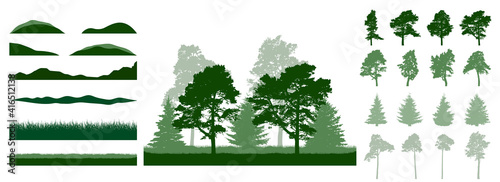 Constructor summer woodland, landscape. Silhouettes of beautiful spruce trees, pine, other trees, grass, hill. Creation of beautiful park, forest,etc. Collection of design element. Vector illustration