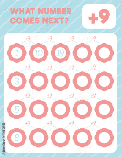 Math worksheet practice print page. What number comes next? Addition. Count and write.