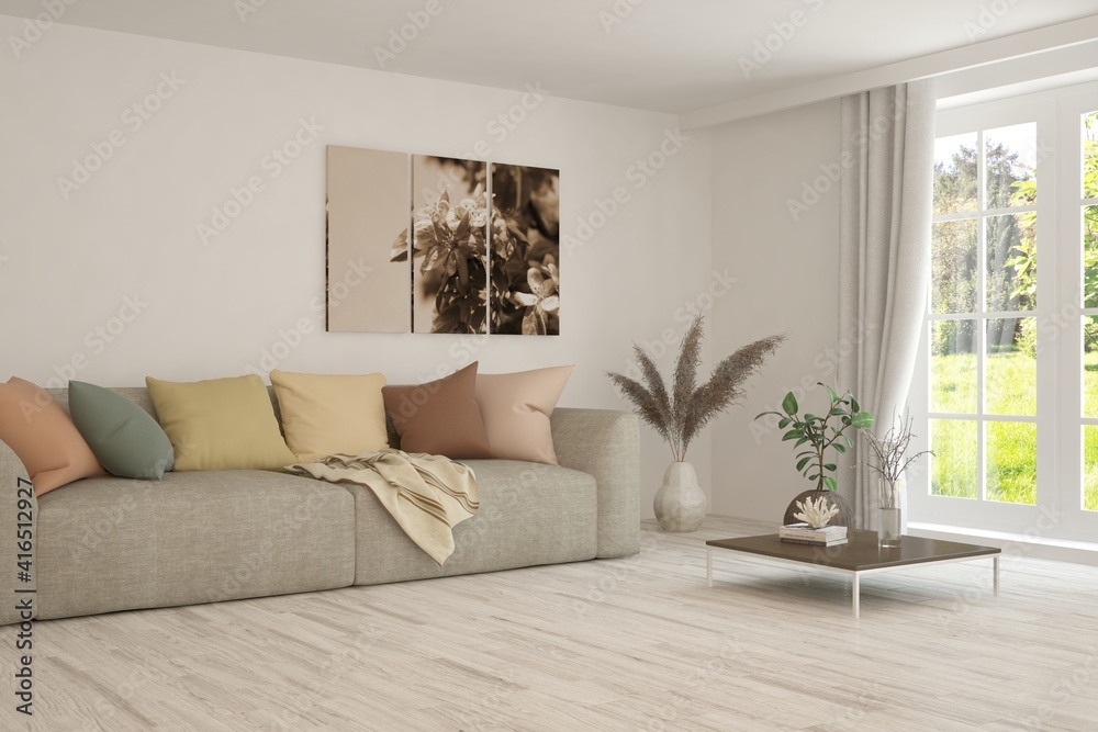 Fototapeta premium White living room with sofa. Scandinavian interior design. 3D illustration